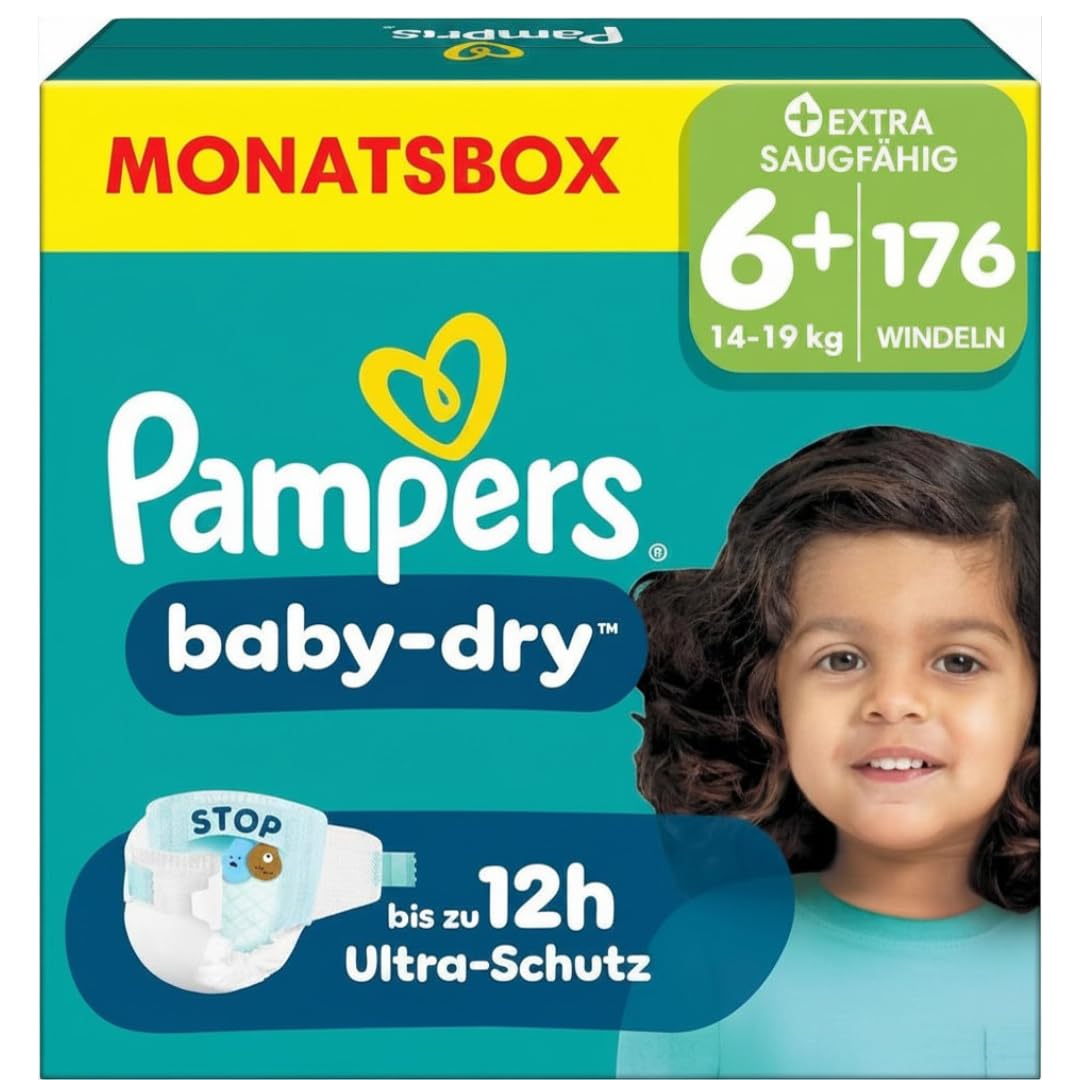 Pampers Baby-Dry Größe 6+, 176 Windeln, 14kg-19kg, Bis zu 100% Auslaufschutz & Komfort die ganze Nacht