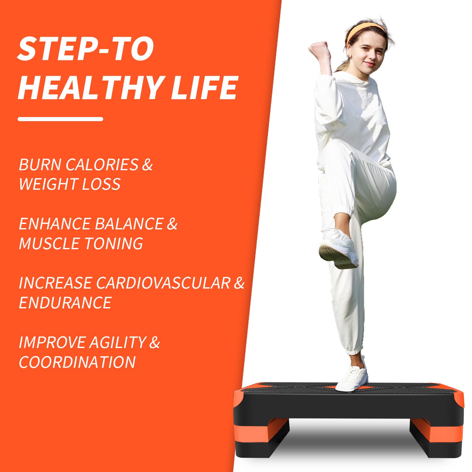 Aerobic Step Platform Orange, Höhenverstellbar, Rutschfest, Kompakt | Mehrere Höhenstufen (10/15/20cm), rutschfeste Oberfläche, klappbar & tragbar, für Heim- & Gym-Training
