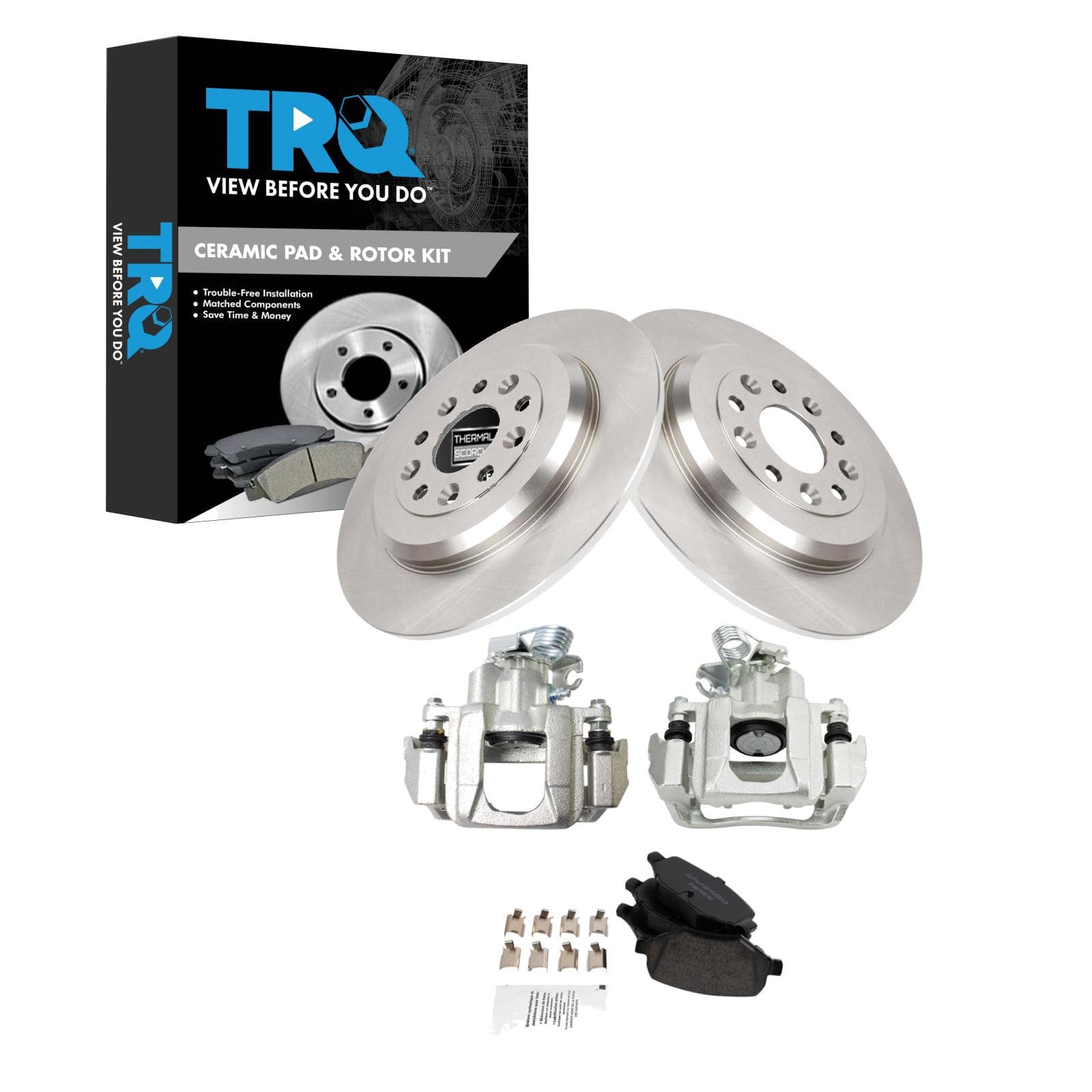 TRQ Rear Brake Pad and Rotor Set Ceramic Rotors Calipers Compatible with 2009 Ford Flex 2010-2012 Taurus 2009-2012 Lincoln MKS