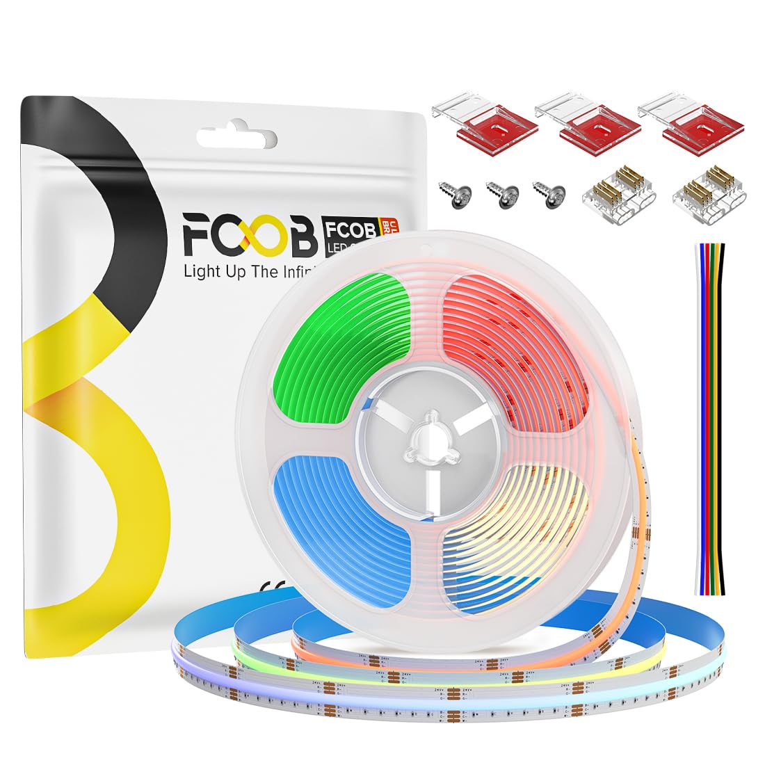 FCOB COB RGBCCT LED Strip Lights 16.4FT RGB + CCT Tunable White 3000K-6000K 24V Flexible High Density Strips 960LEDs/m, Cuttable 12mm Width Tape Light for Bedroom Kitchen Cabinet (No Power/Controller)