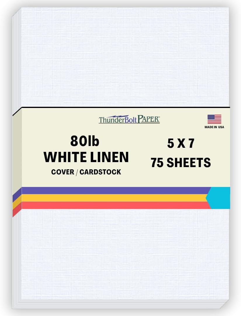 75 White Linen 80# Cover Paper Sheets - 5" X 7" (5X7 Inches) Photo|Card|Frame Size - 80 lb/pound Card Weight - Fine Linen Textured Finish Quality Cardstock