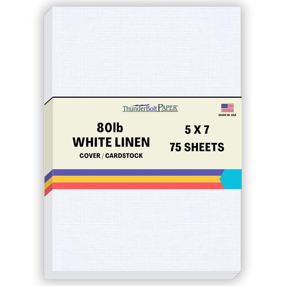 75 White Linen 80# Cover Paper Sheets - 5" X 7" (5X7 Inches) Photo|Card|Frame Size - 80 lb/pound Card Weight - Fine Linen Textured Finish Quality Cardstock