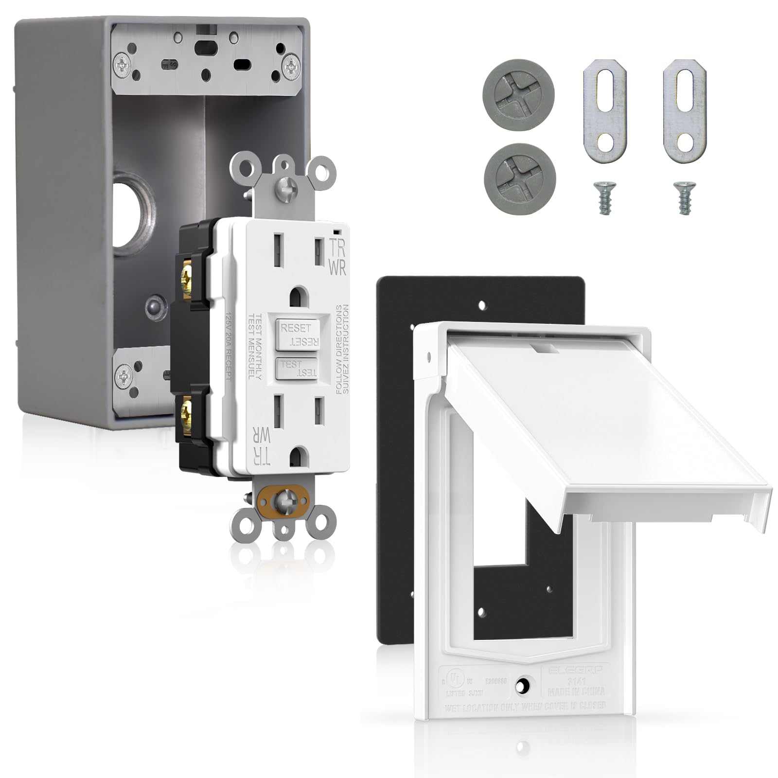 ELEGRP GFCI Outlet 15 Amp, WR, kit de caja eléctrica con placa de pared resistente a la intemperie, blanco, 1 paquete