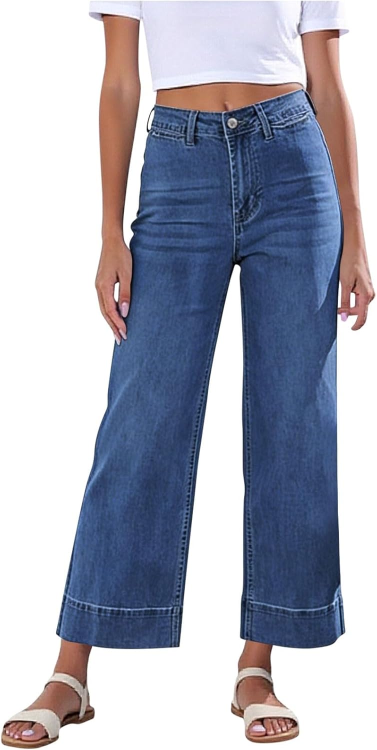 Wide Leg Jeans for Women Trendy High Waisted Stretchy Denim Pants 90s Baggy Jeans Trouser Cropped Jeans with Pockets