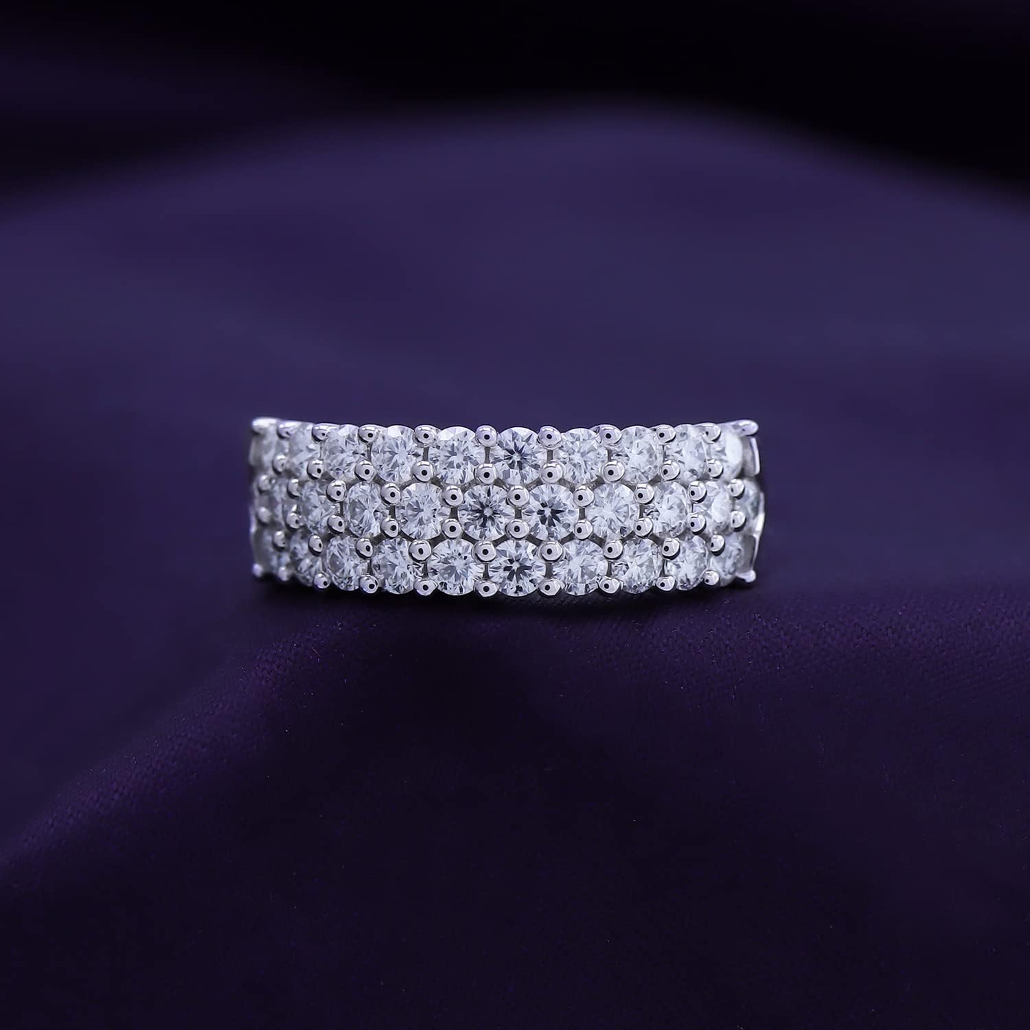 3-Row Half Eternity Wedding Band Ring For Women Round Lab Created Moissanite or Lab Grown Diamond Anniversary Ring in 14K Gold Plated Sterling Silver Jewelry Gift For Her