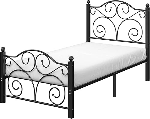 Miniatura 29 de VECELO Base de cama tamaño individual con cabecero y estribo, soporte de listones de metal resistente, base de colchón de plataforma, no necesita