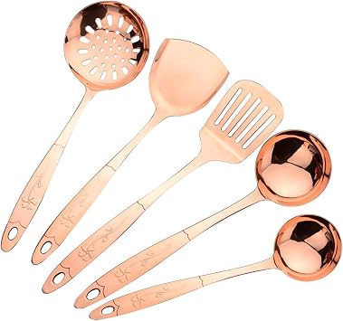 5-Piece Pure Copper Kitchen Cooking Utensils Set, Stylish Copper Kitchen Accessories, Cookware Set for Home or Restaurant Cooking 5