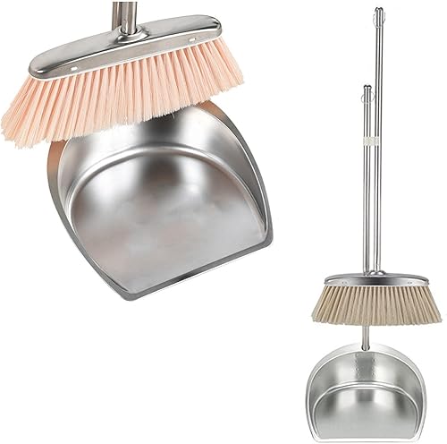 Juego de escoba y recogedor con mango largo, recogedor vertical de acero inoxidable y escoba, sartenes resistentes con escoba para el hogar, cocina,