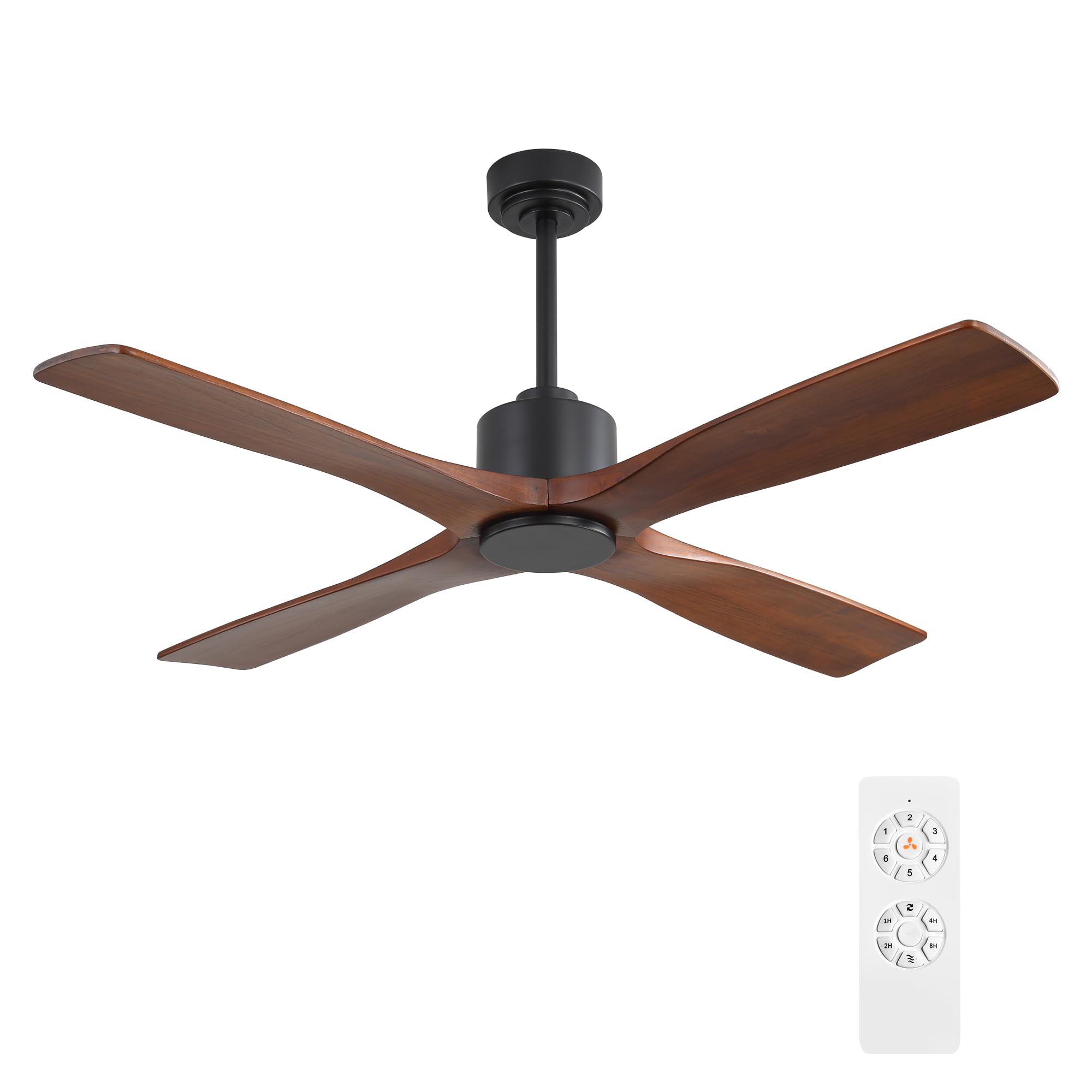 WINGBO 54 Inch DC Ceiling Fan without Lights, 4 Carved Solid Wood Blades, 6-Speed Noiseless Reversible DC Motor, Modern Ceiling Fan No Light with Remote, Black Finish with Walnut Blades, ETL Listed