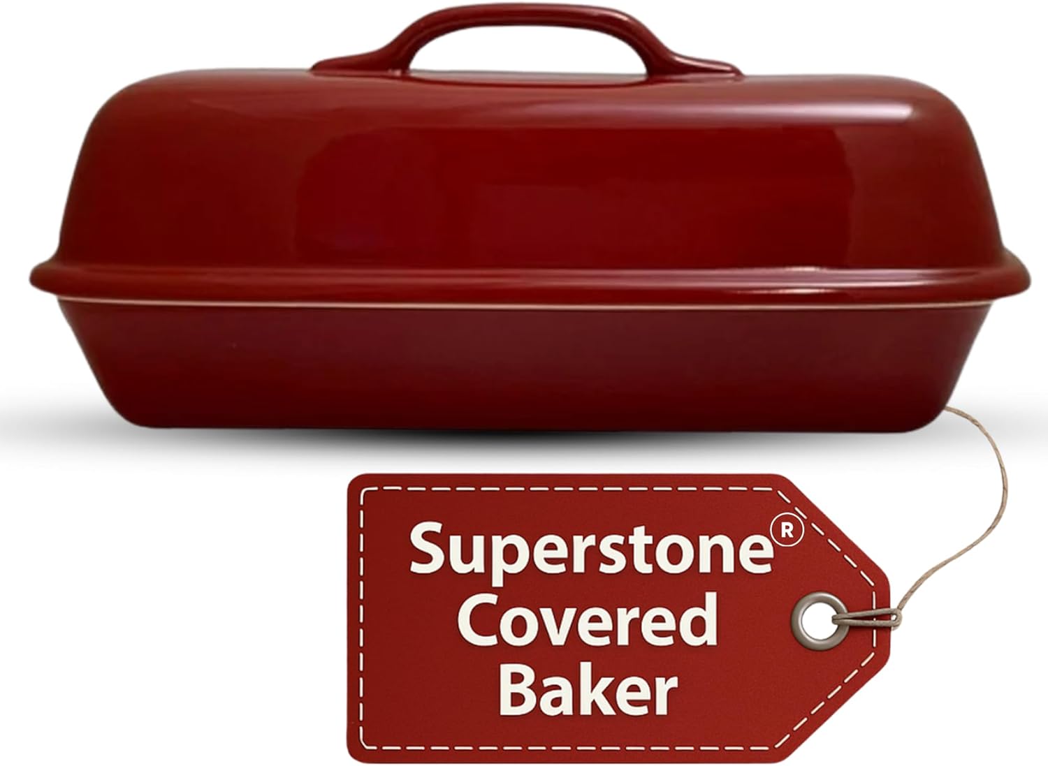 Sassafras Superstone® Covered Bread Baker with Lid - Red Glazed Exterior and Unglazed Interior Stoneware Bakeware - Bakes an Artisan Italian Bread with Crusty Crust and a Light Crumb