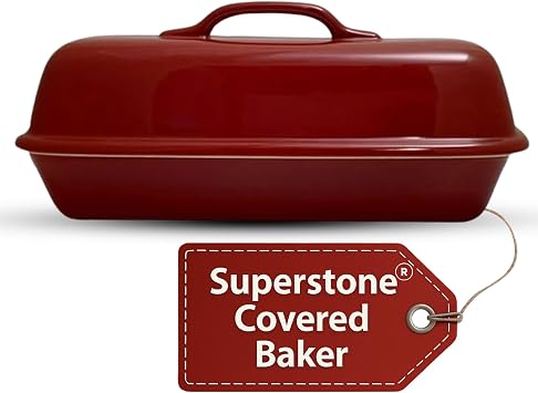 Sassafras Superstone Covered Bread Baker with Lid - Red Glazed Exterior and Unglazed Interior Stoneware Bakeware - Bakes an Artisan Italian Bread with Crusty Crust and a Light Crumb