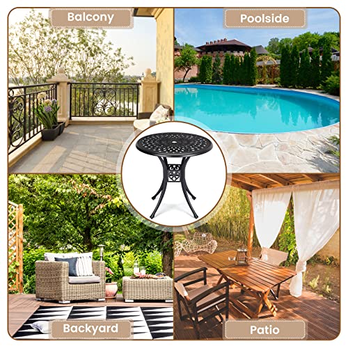 GOCAPTAIN 30.25" Round Cast Aluminum Patio Bistro Table, Bistro Table with Umbrella Hole, Outdoor Side Table, for Porch, Backyard, Garden, Balcony, Black