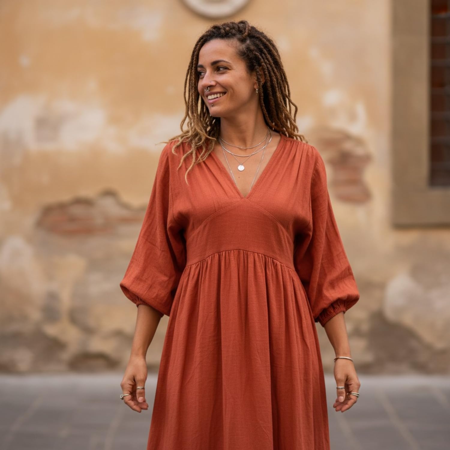 GURU SHOP Letnia sukienka w stylu boho, przewiewna sukienka z długim rękawem, bawełniana sukienka z głębokim dekoltem, damska bawełna