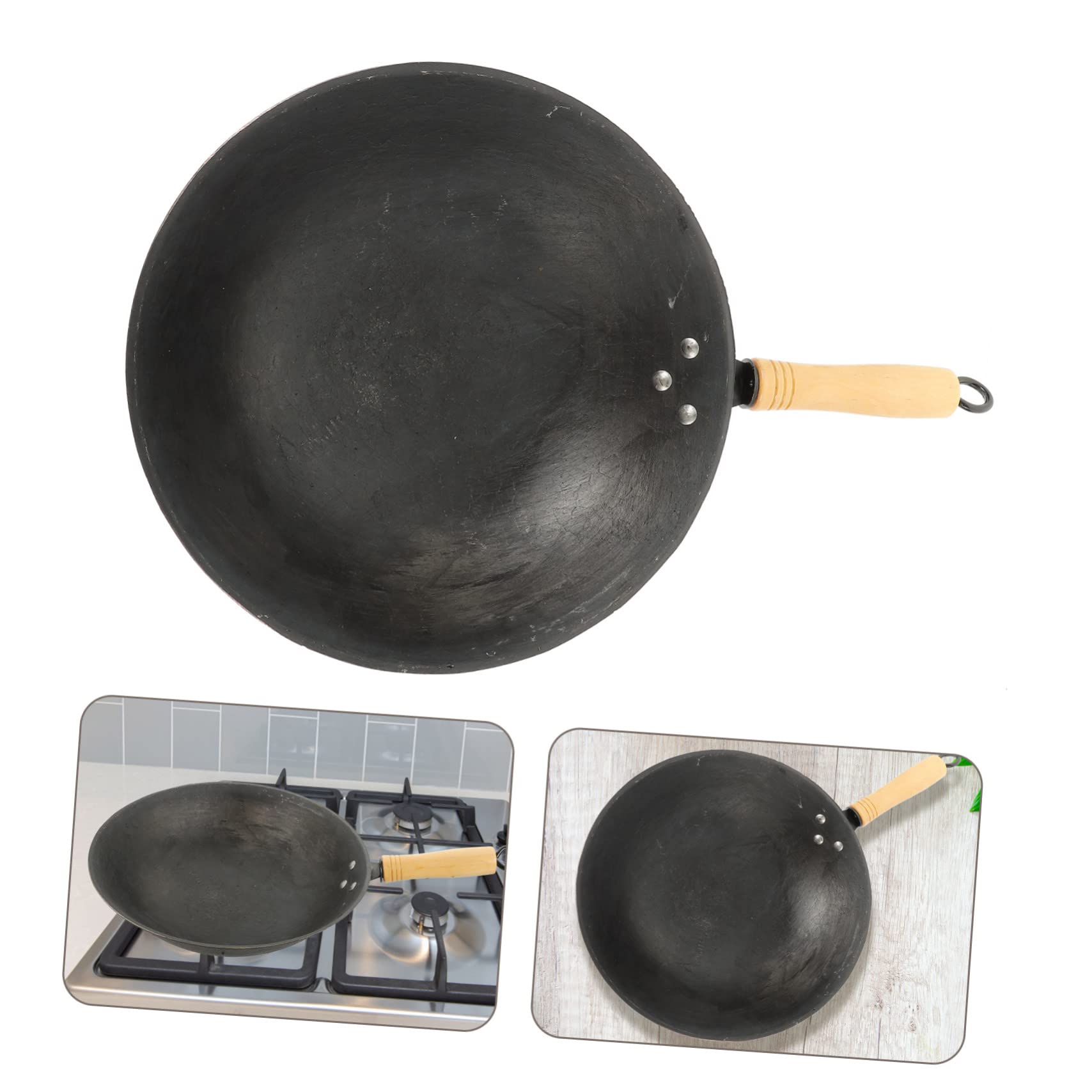 Cabilock Estufa Eléctrica Wok Hoya de Hierro Fundido Wok Tradicional para Estufa de Gas Mango de Madera y Excelente Durabilidad para Freír en Casa Estilo Aleatorio