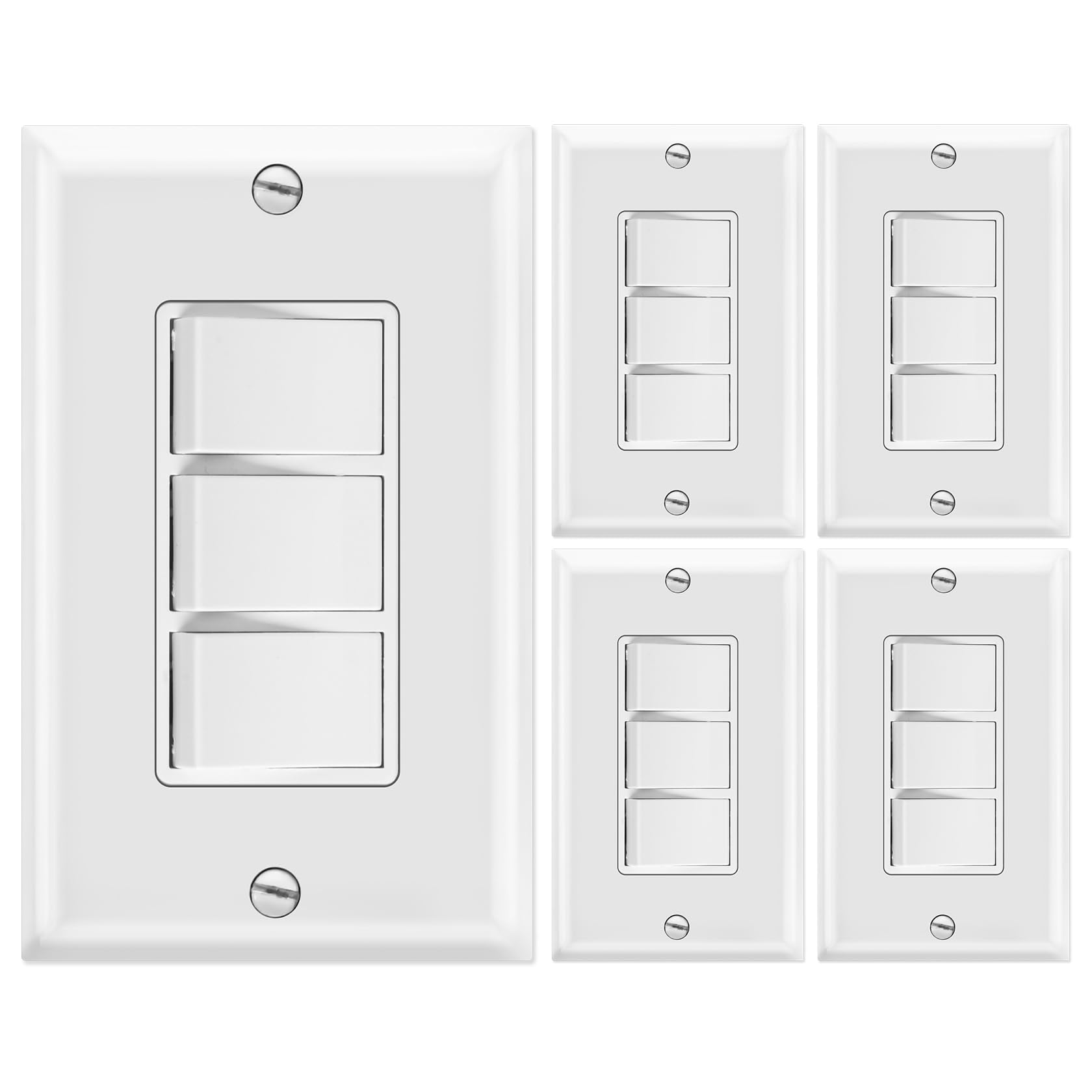 Heschen Confezione da 5 interruttori a bilanciere tripli, 15 Amp, 125/277 Volt, unipolare, AC 3 interruttori combinati, grado residenziale/commerciale, messa a terra, bianco, piastra da parete inclusa