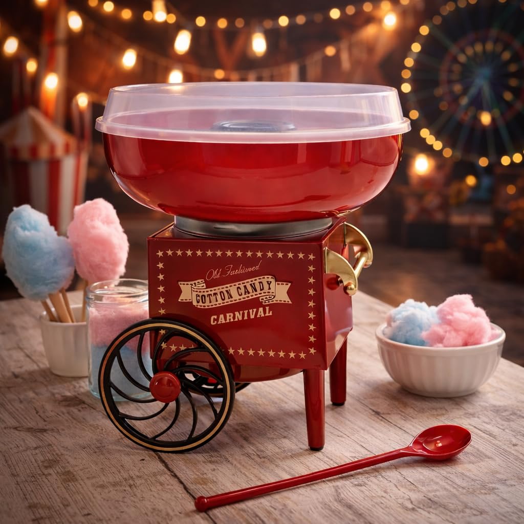 Marco Paul - Máquina de hilo dental para uso doméstico, máquina de hilo dental de caramelo con cuchara, estilo carnaval, máquina de algodón de azúcar retro para fiestas infantiles, cumpleaños y