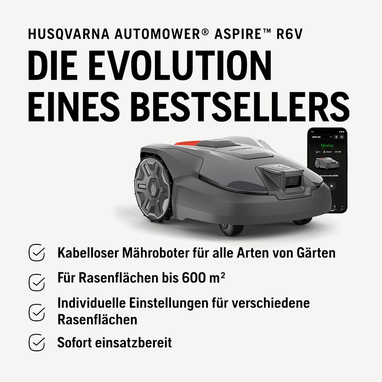 HUSQVARNA Automower® Aspire R6V Mähroboter – ohne Begrenzungskabel, AI Vision, GPS-Navigation, App-Steuerung, virtuelle Zonen, bis 600 m² + Garage