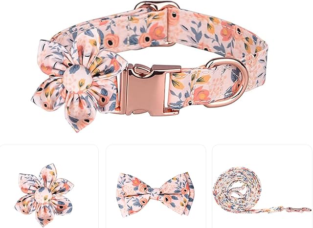 Dog Collar with Flower and Bow TieAdjustable Metal Buckle Floral Pattern Dog Collar for Girl Dog Boy Dog Small Medium Large Dog (M-Neck 12.2-19.7", Width 0.79", Pink)