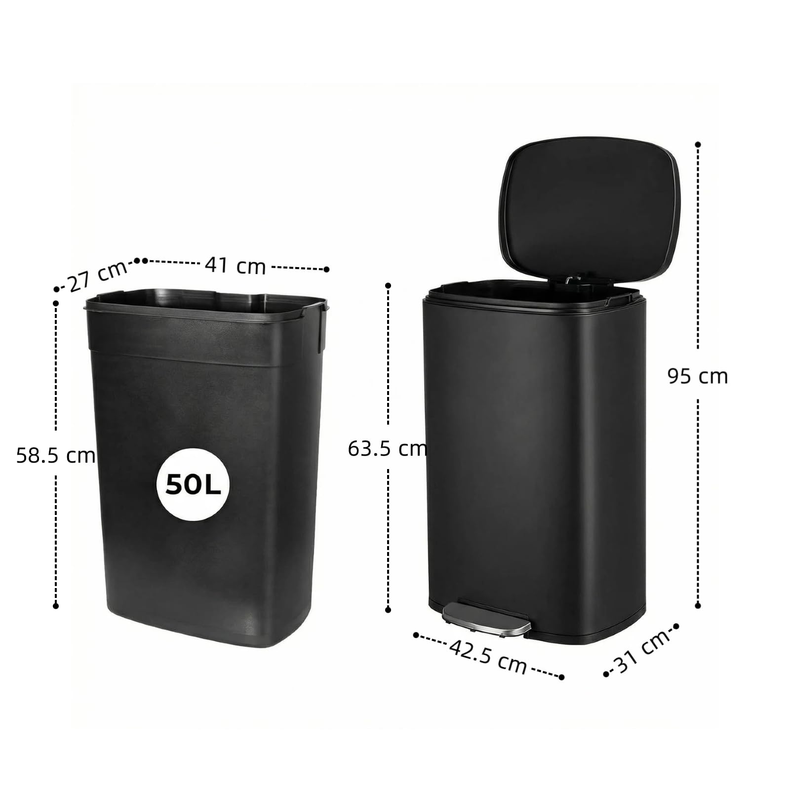 LIFERUN Poubelle Cuisine 50 Litres, Poubelle à Pédale en Acier Métal avec Couvercle, Seaux Intérieurs Amovible Fermeture en Douceur, pour Salle de Bain, Salon, Bureau, Noir