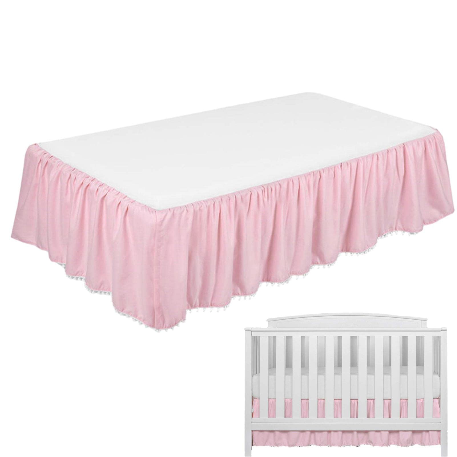Rurunklee Crib Dust Ruffle - Dust Ruffle With Tassel Trim | Ruffled Crib Skirt With Pompoms, Microfiber Nursery Crib Toddler Bedding Skirts For Baby Boys Girls 28" X 52"