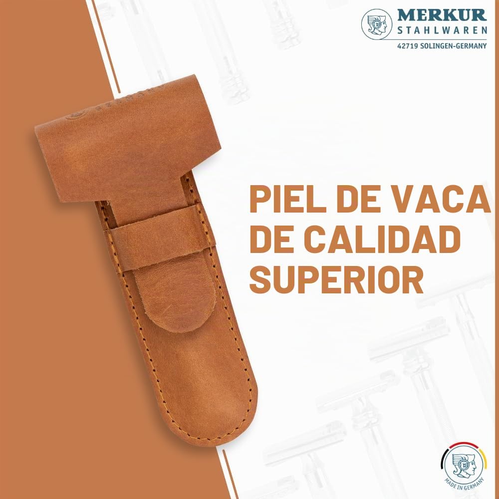 MERKUR Leather Razor Case - Brown Cowhide, Fits All MERKUR Razors Except 24001, Up to 110 mm
