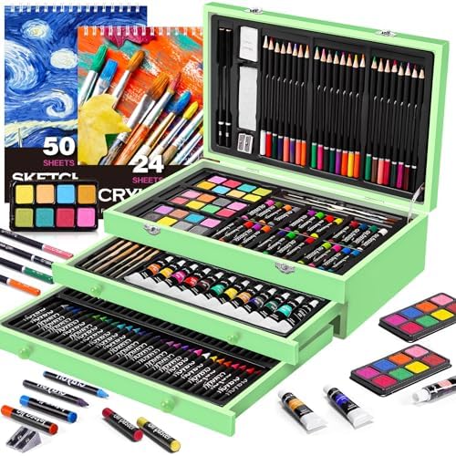 COOL BANK 175 Piece Deluxe Art Supplies, Art Set with 2 A4 Drawing Pads, 24 Acrylic Paints, Crayons, Colored Pencils, Art Kit for Adults Artist Beginners Kids Girls, Drawing Kit with Drawer