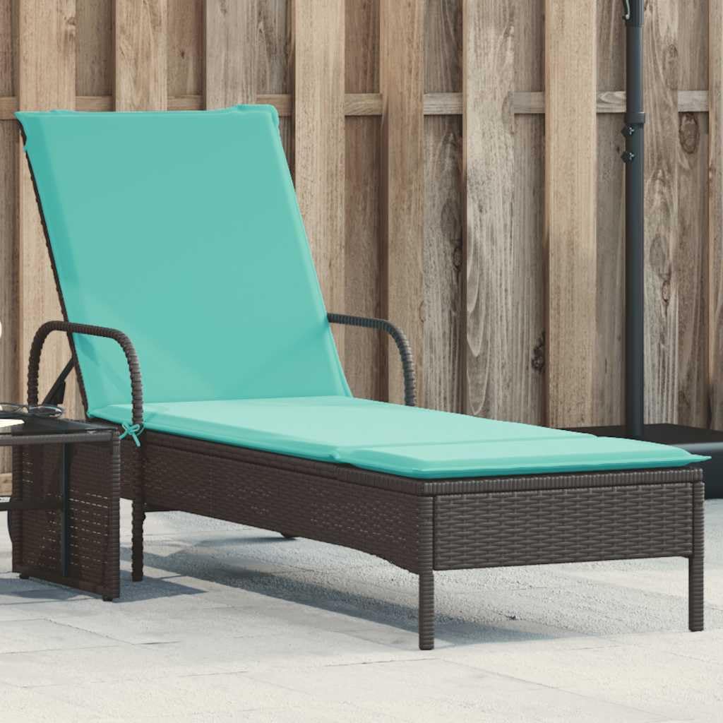 Lettino prendisole con ruote, lettino da giardino in polyrattan con schienale regolabile e comodo cuscino, mobili da giardino per terrazza e balcone, 61 x 200 cm, nero/turchese