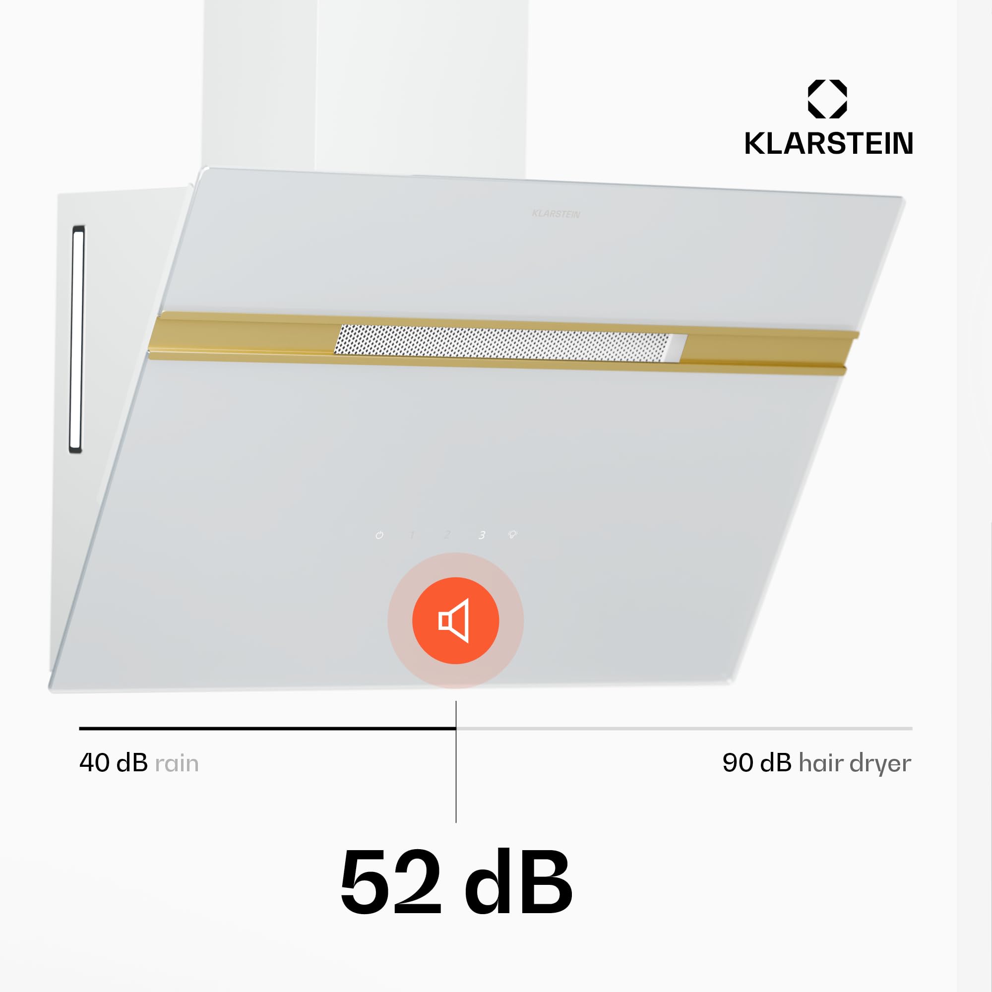 Klarstein Alina Okap kuchenny przyścienny – 60 cm, przepływ 600 m³/h, sterowanie dotykowe, klasa energetyczna A, podświetlenie LED w 9 kolorach, cichy 52 dB, biało-złoty, opcja recyrkulacji
