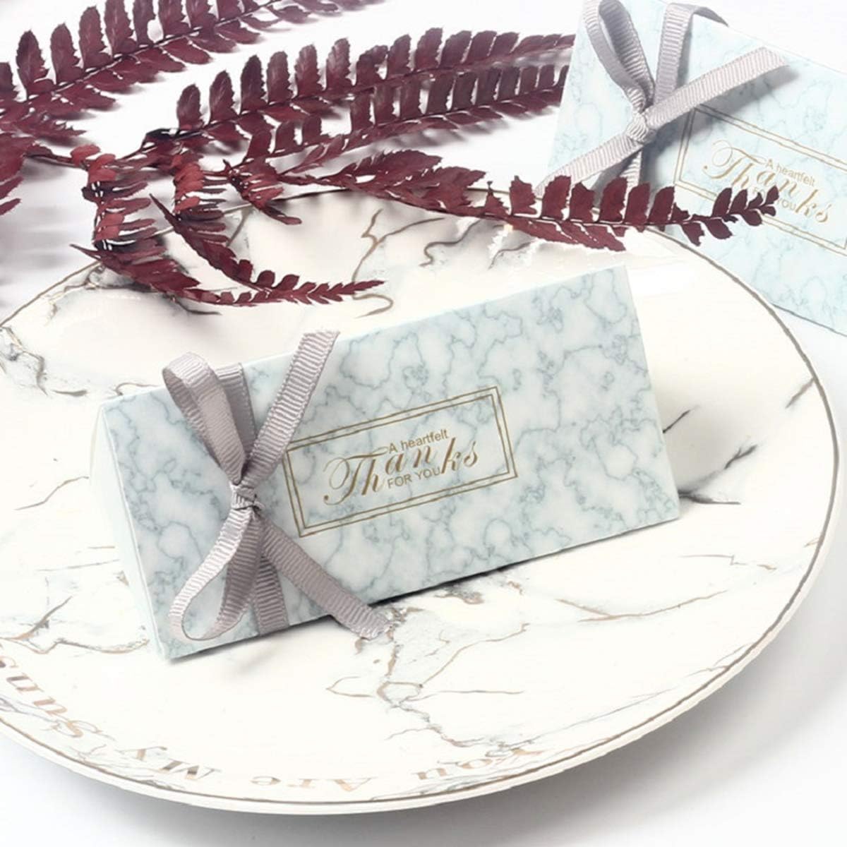 LASLU Marble Favor Boxes, Silver Wedding Favor Boxes and Decoration. Hexagonal Wedding Candy Favor Boxes with Ribbons for Wedding and Bridal Shower Party (50pcs, Triangle Candy)