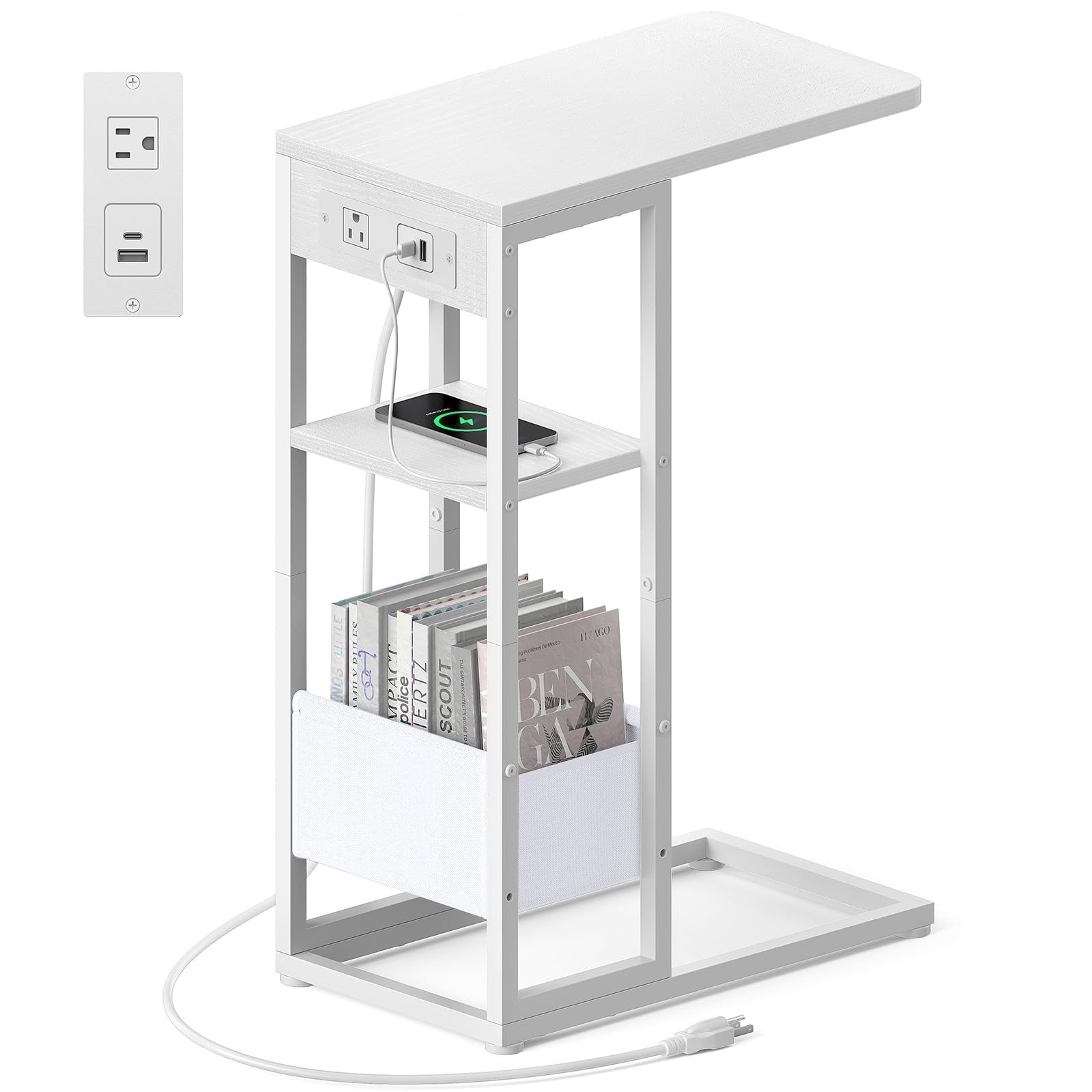 C Shaped End Table with Charging Station, Small Side Table for Couch Recliner, Slide Under Sofa Desk Snack Tables with Storage Bag & AC / USB Outlet,