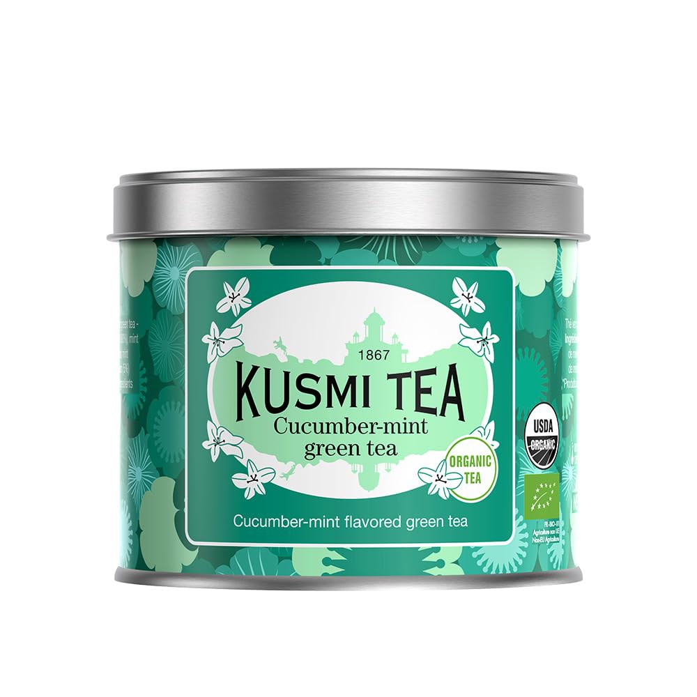 Kusmi Tea - Cucumber Mint Green Tea - Organic Green Tea with Mint Leaves - Natural Mint and Cucumber Flavours - Enjoy Hot or Iced - Loose Leaf Tea - Tin Box of 3.5 oz - Quantity for about 50 cups