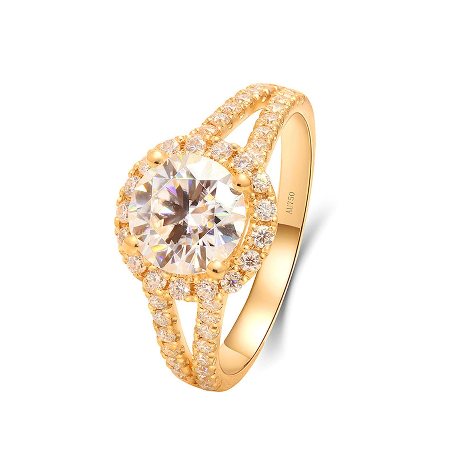Anillos de boda para mujer, anillo de compromiso de oro de 18 quilates para ella, halo hueco de 4 puntas, moissanita redonda, anillo de compromiso de oro de 2 quilates