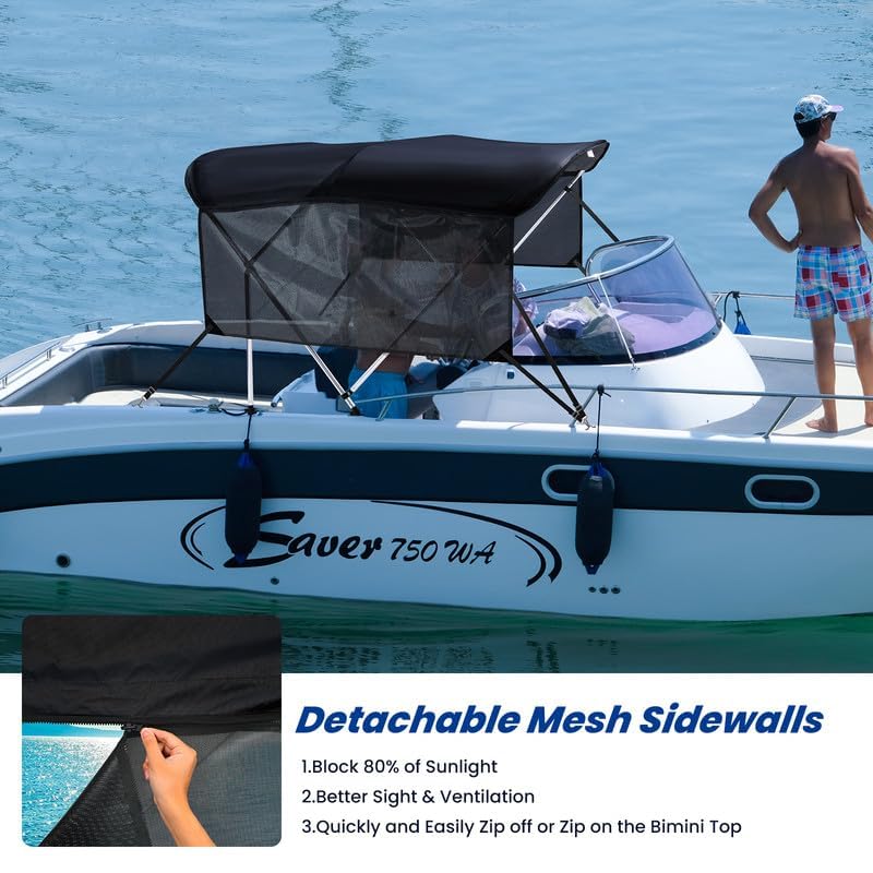 Image of KAKIT 3 4 Bow Bimini Tops with Mesh Sidewalls Support Poles for Boats Marine Grade Canvas Top Includes 2 Straps Storage Boot 1 Inch Aluminum Frame