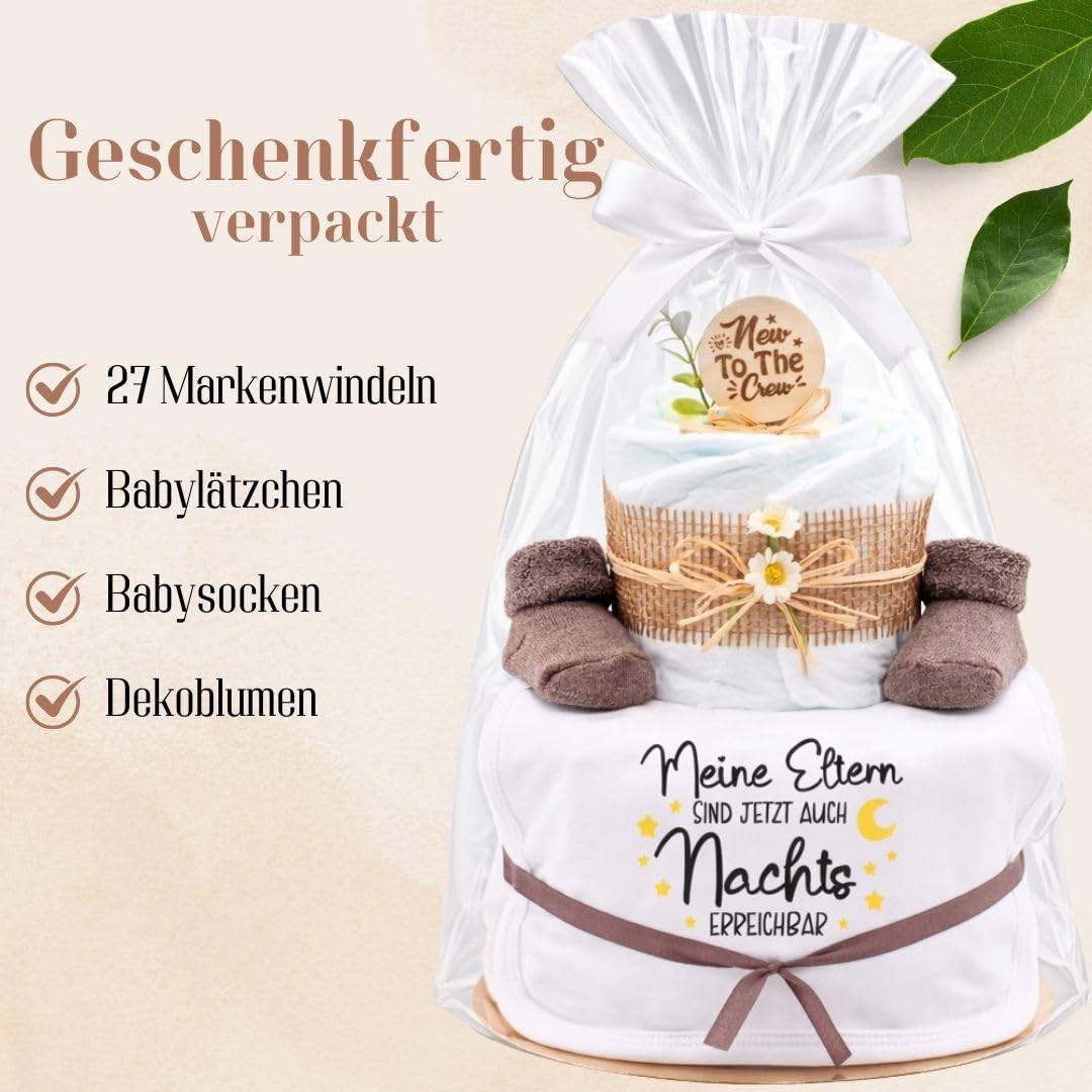 Trend Mama® | Windeltorte | Nature Design | Spruch wählbar| 27 Windeln (Größe 2) 1x Baby Lätzchen, Kuschelsocken |Geschenk Geburt (Design| Meine Eltern sind jetzt auch Nachts erreichbar)
