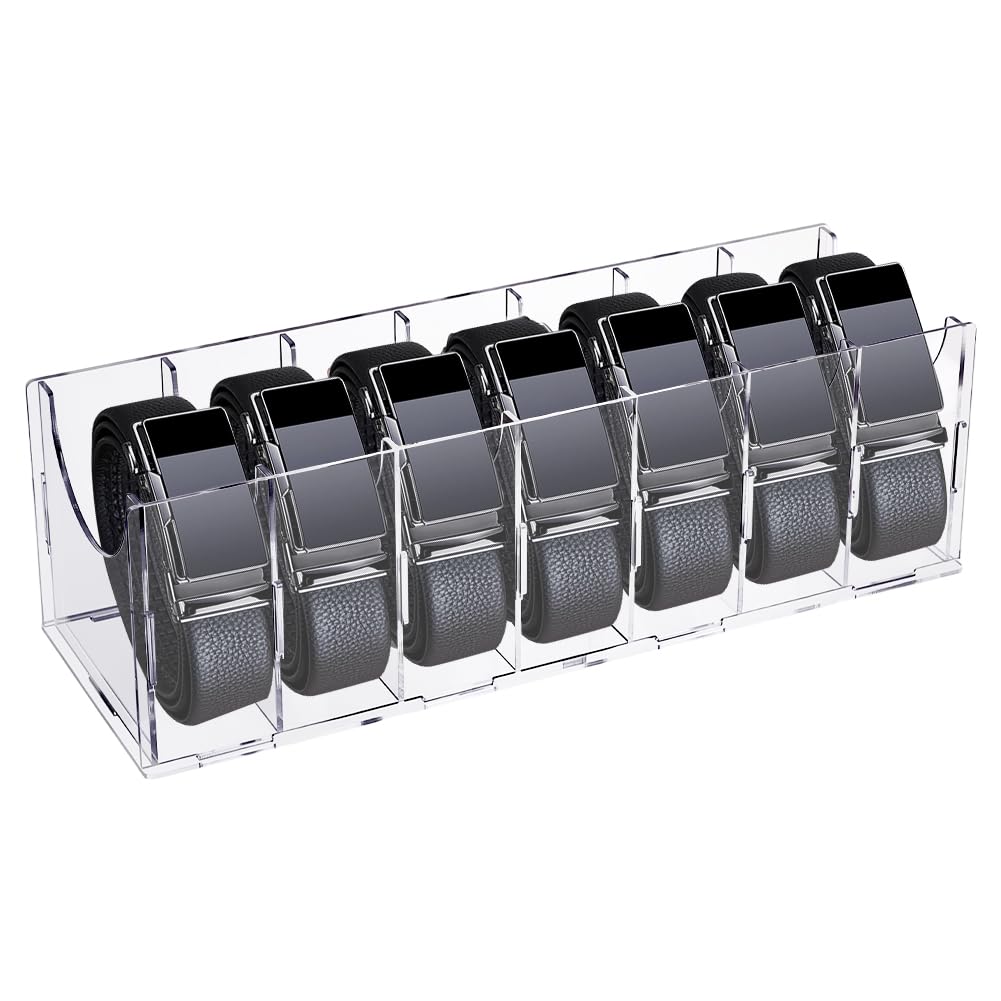 UNICRAFTALE Organizador de cinturón acrílico con 7 compartimentos, contenedor transparente para guardar relojes, corbatas, joyas y accesorios para armario