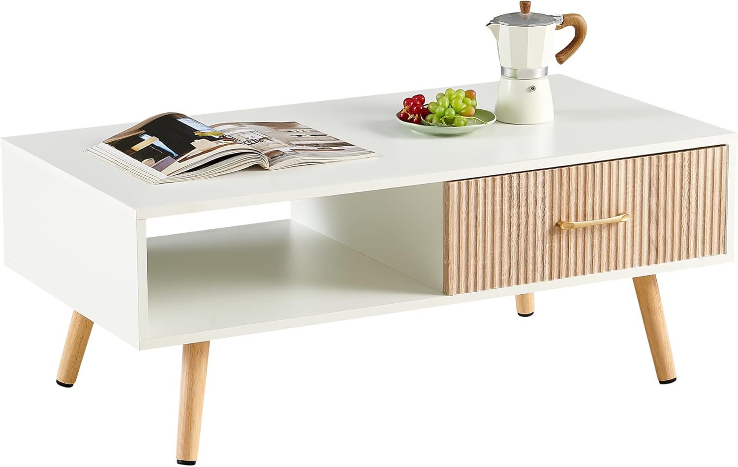 Mid Century Wooden Coffee Table with Stripe Drawer，Modern 41" Large Center Table with Storage，Rectangular White Coffee Tables for Living Room, 2-Tier Cocktail Table, Solid Wood Legs
