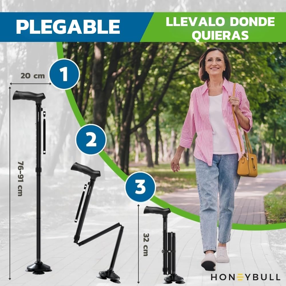 HONEYBULL Bastón para Hombres y Mujeres - Plegable, Ajustable, Abatible, Bastón Portátil, Punta Pivotante, Resistente | Bastones para Personas Mayores y Adultos