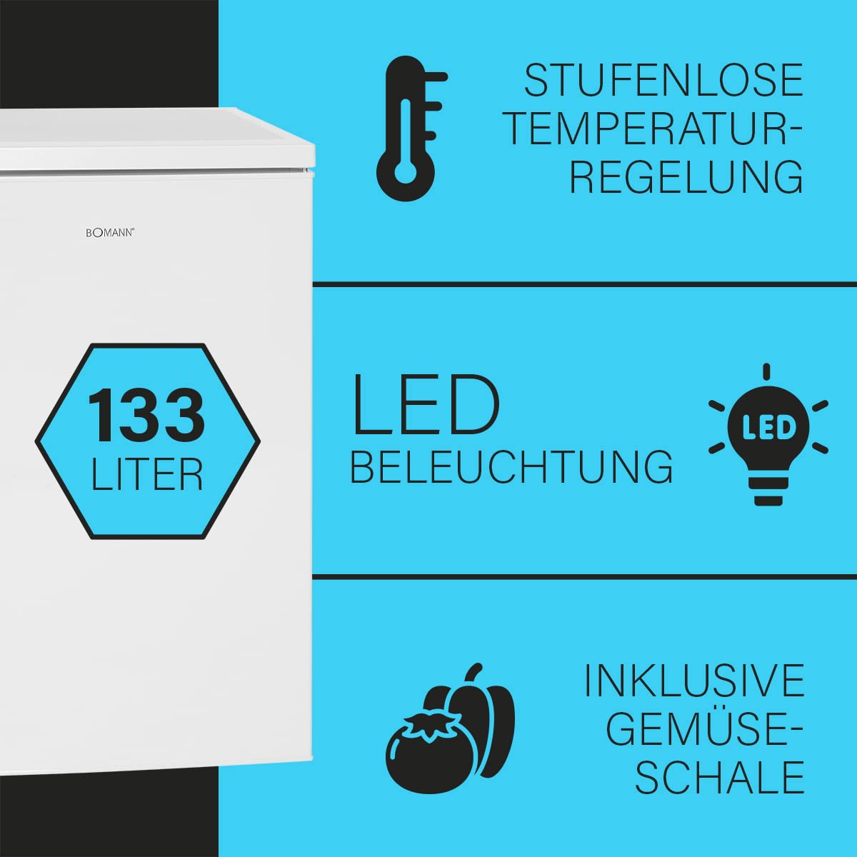 Bomann Kühlschrank ohne Gefrierfach 133L 85cm Energieklasse D leise 39dB Türanschlag wechselbar weiß VS 2195.1