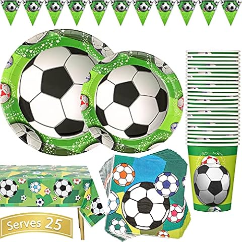 DUOCUTE Soccer Party Supplies 102PCS Sports Themed Children Birthday Paper Dinnerware Set Includes 9" Plates, 7" Plates, Cups, Napkins, Tablecloth and Banner, Serves 25 Cover