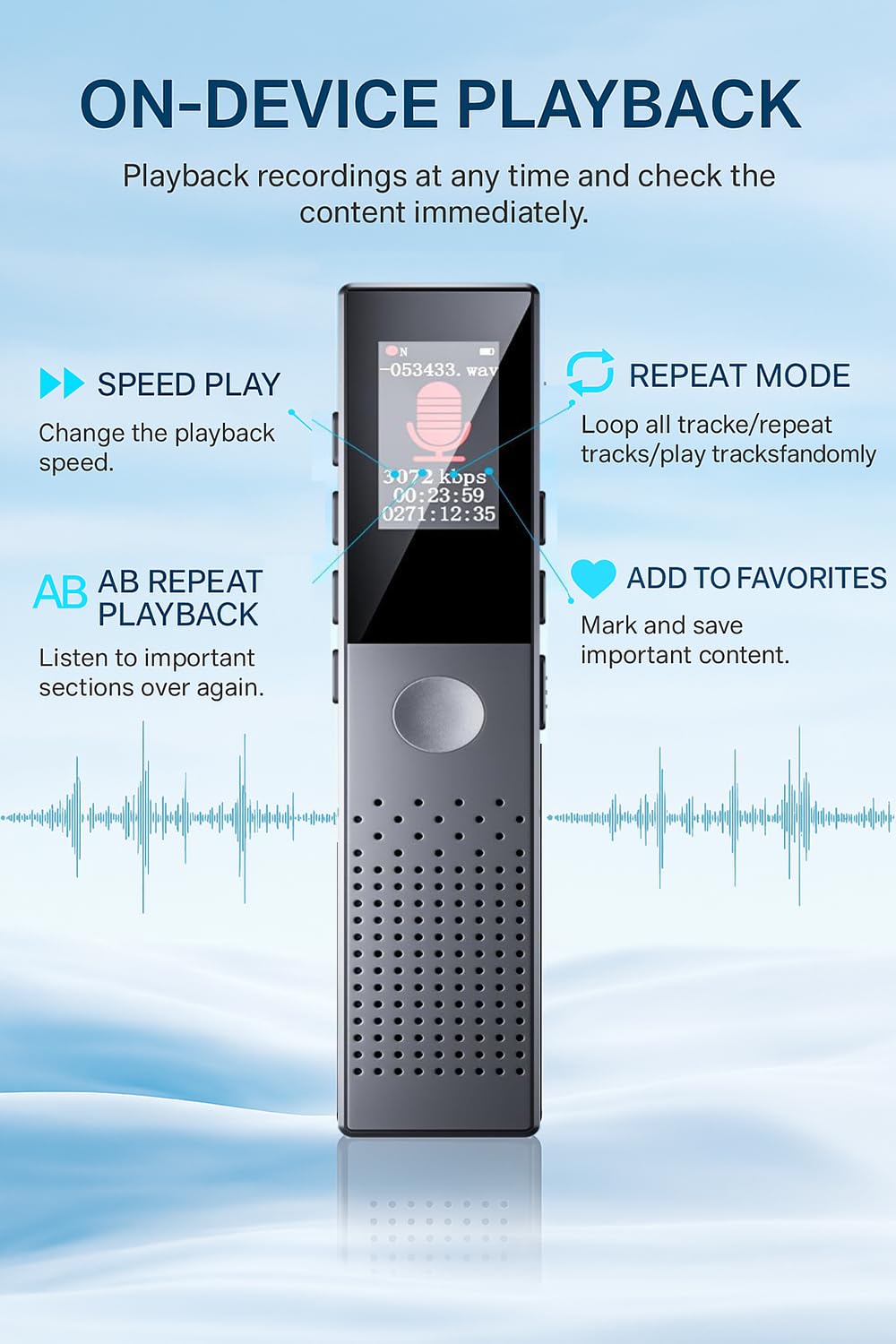 Digital Voice Recorder, Diktiergerät Aufnahmegerä mit Playback - 3072Kpbs One-Touch Audioaufnahmegerät mit Rauschunterdrückung für Klassen/Meeting/Interviews