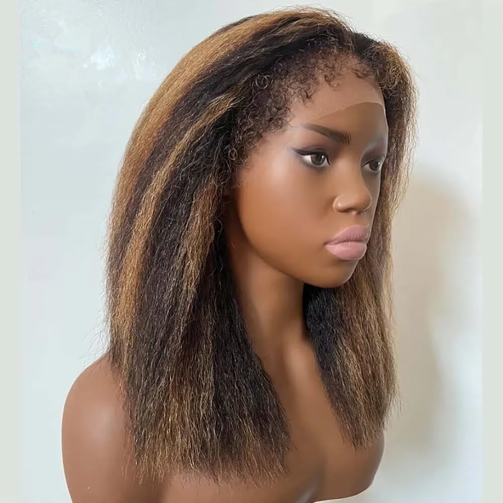 4C Kinky Edges HD Lace Front Bob Wigs Human Hair P1B/27 Ombre Highlight Short Kinky Straight Wigs Pre Plucked Bleached Knots Glueless Brazilian Hair