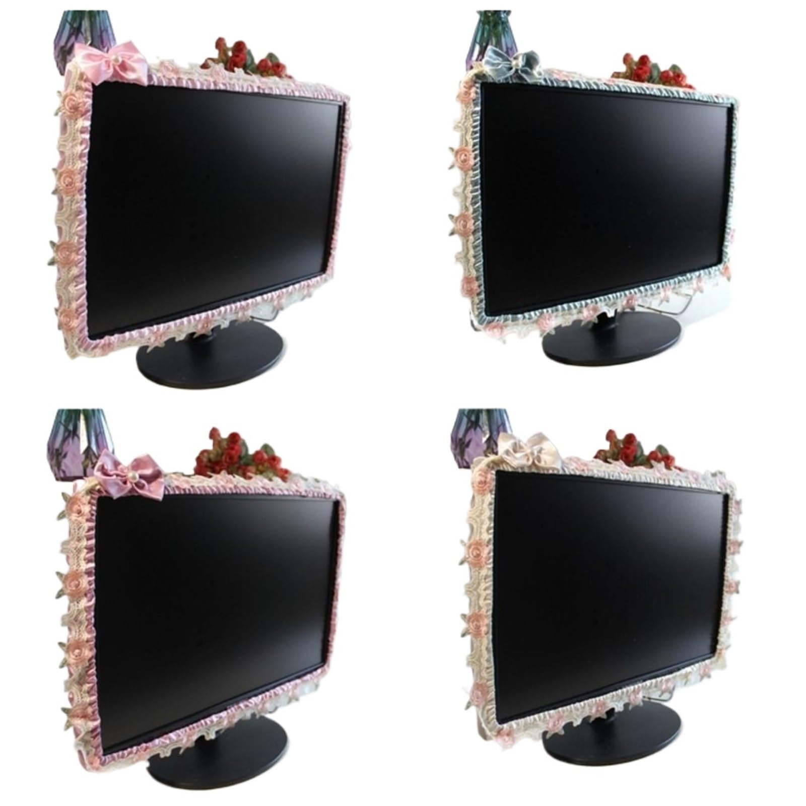 Qvorlth Blue-23 To 26Inch Monitor Cover Bow Tie Computer Monitor Cover Soft Fabric Lace Design Dust Elastic Cute Decorations Frame Protector(Blue-23 To 26Inch)