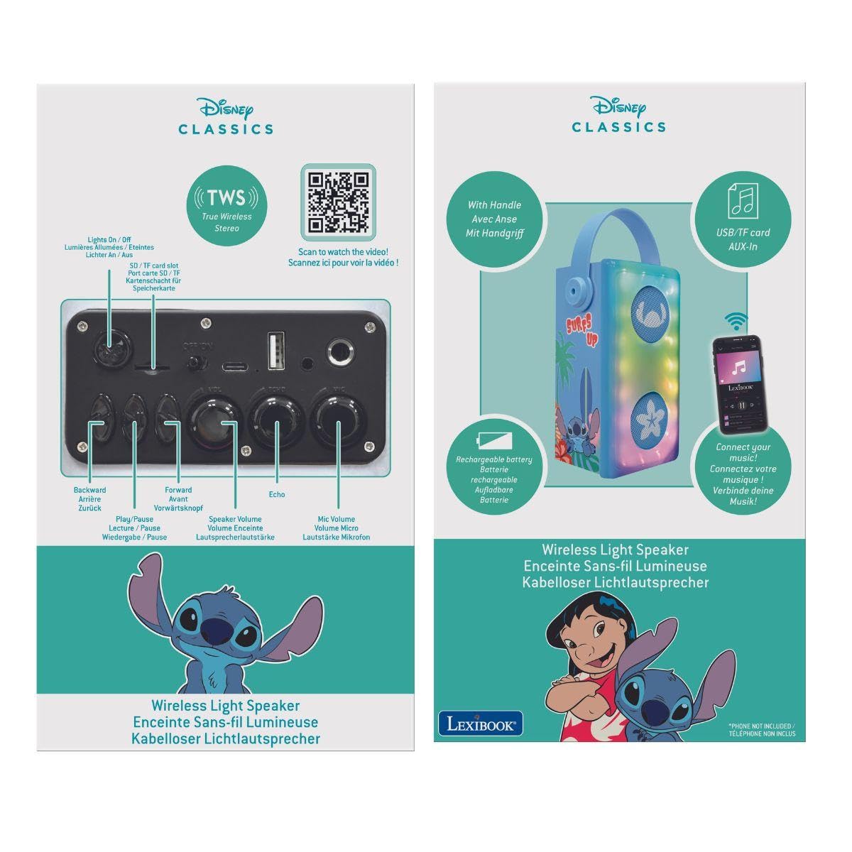 Lexibook, Stitch Enceinte Bluetooth, BTP185DZLXB | Microphone, lumières multicolores, emplacement SD/TF, Batterie rechargeable, Bleu