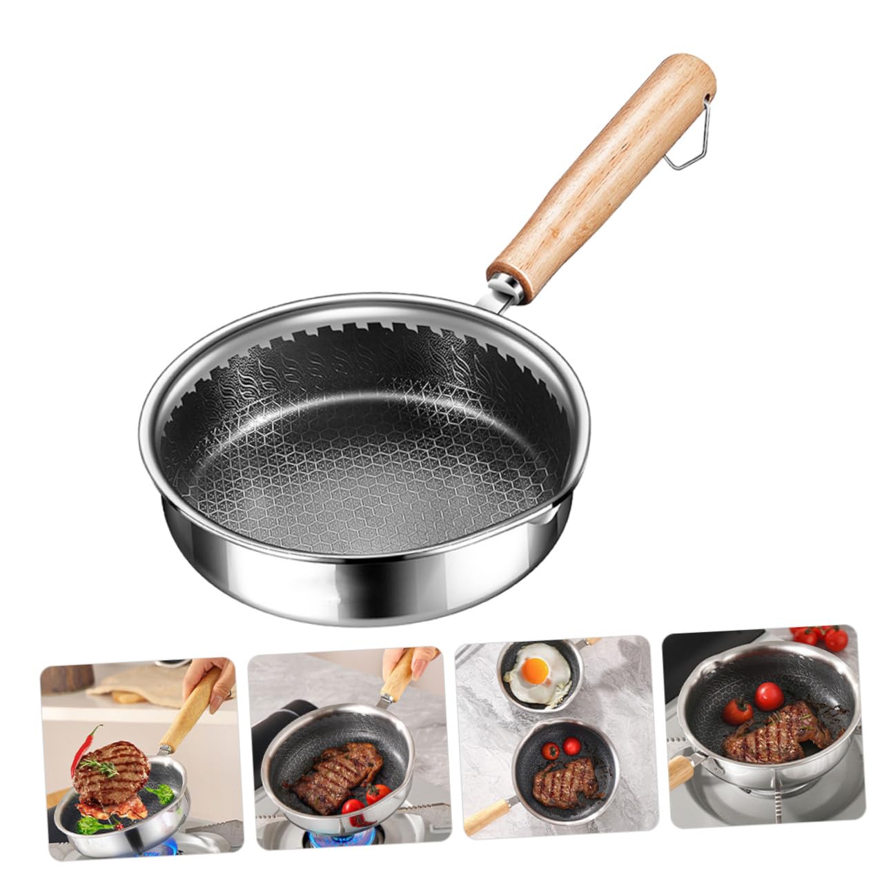 iplusmile Padella Antiaderente in Acciaio Inossidabile Con Manico in Legno Fondo Piatto e Rivestimento a Nido D'alveare Per Fritture Leggere Adatta Piani Induzione Gas Ed Elettrici Per Uova