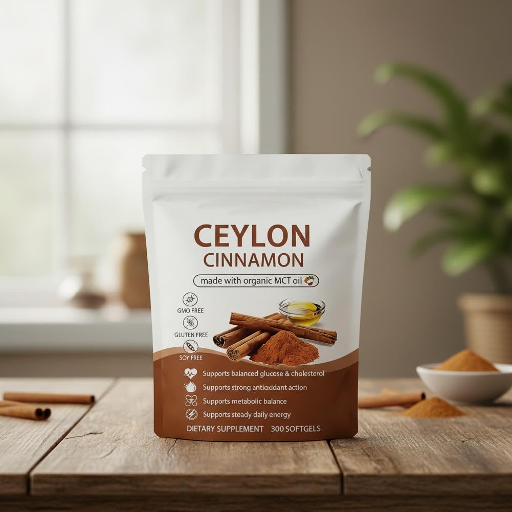 Ceylon Cinnamon Capsules z olejem MCT, wysoka absorpcja, bez GMO, bezglutenowe, 300 kapsułek żelowych