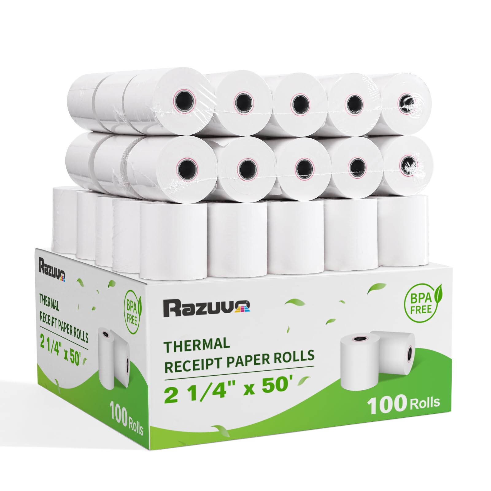 (100 Rolls) 2 1/4 x 50 Thermal Receipt Paper, White BPA-Free, Compatible with POS, Credit Card Terminals and Most Register Machines