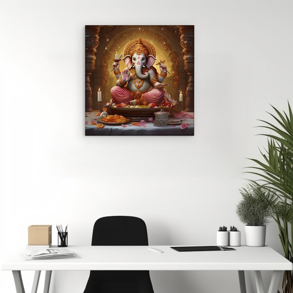 Canvas for Living room. Divine Banquet with Lord Ganesh: A Digital Feast of Color and Light, 27 x 18 inch Canvas Wall Art - Religion And Spirituality - Modern Home Decor - 69x46 cm (27x18 inch)
