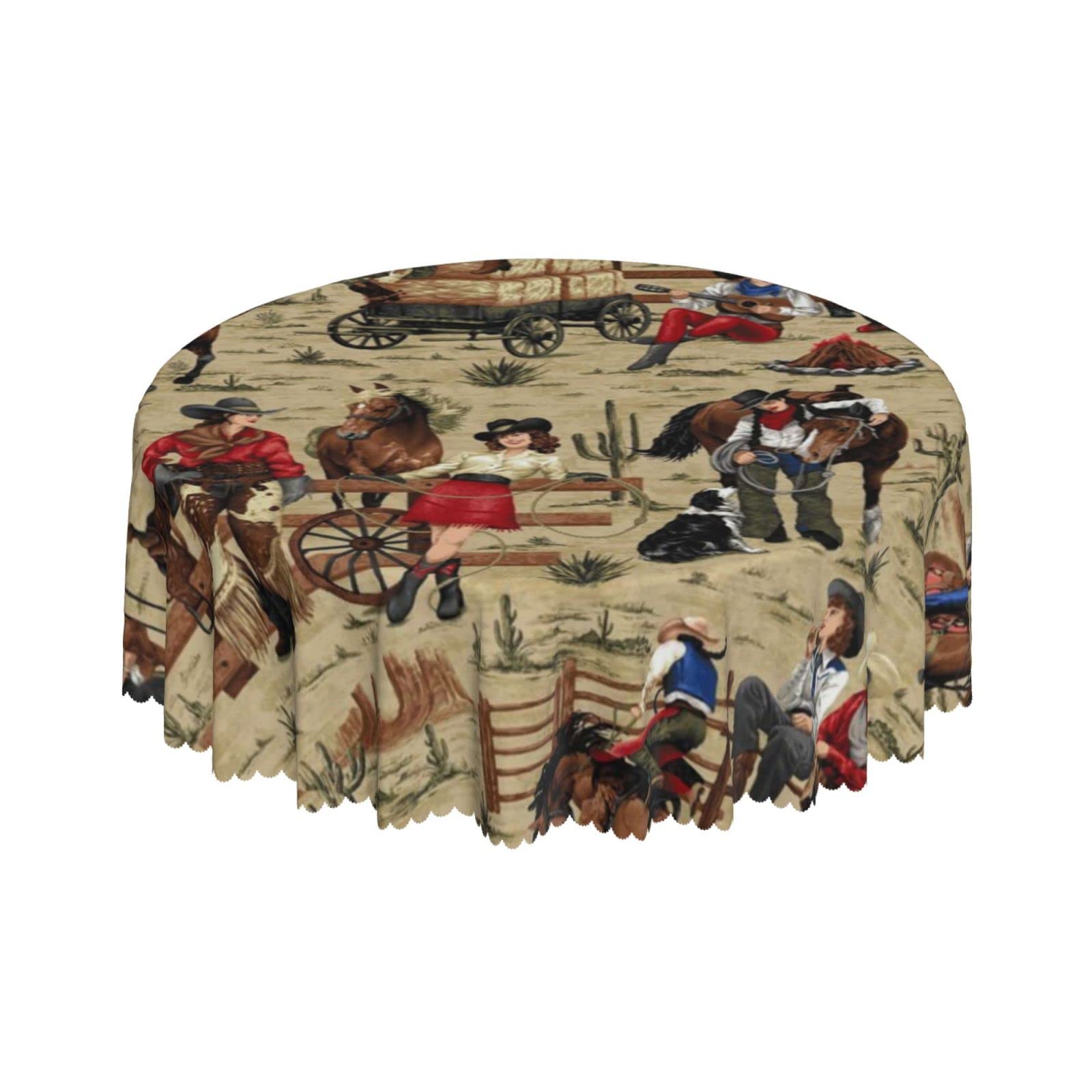 Lsjuee Western Cowgirl Vintage Round Tablecloth 60 Inch Printed Washable Tablecloth for Dining Party Holiday Fall Home Decorative