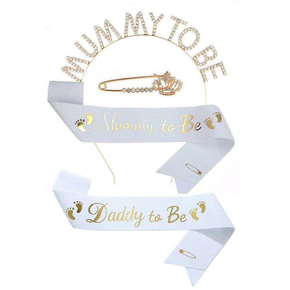 Dinntty 4pcs Baby Shower Mommy to Be Party Headband Satin Sash Brooch Set Daddy to Be Satin Sash Gender Reveal Party