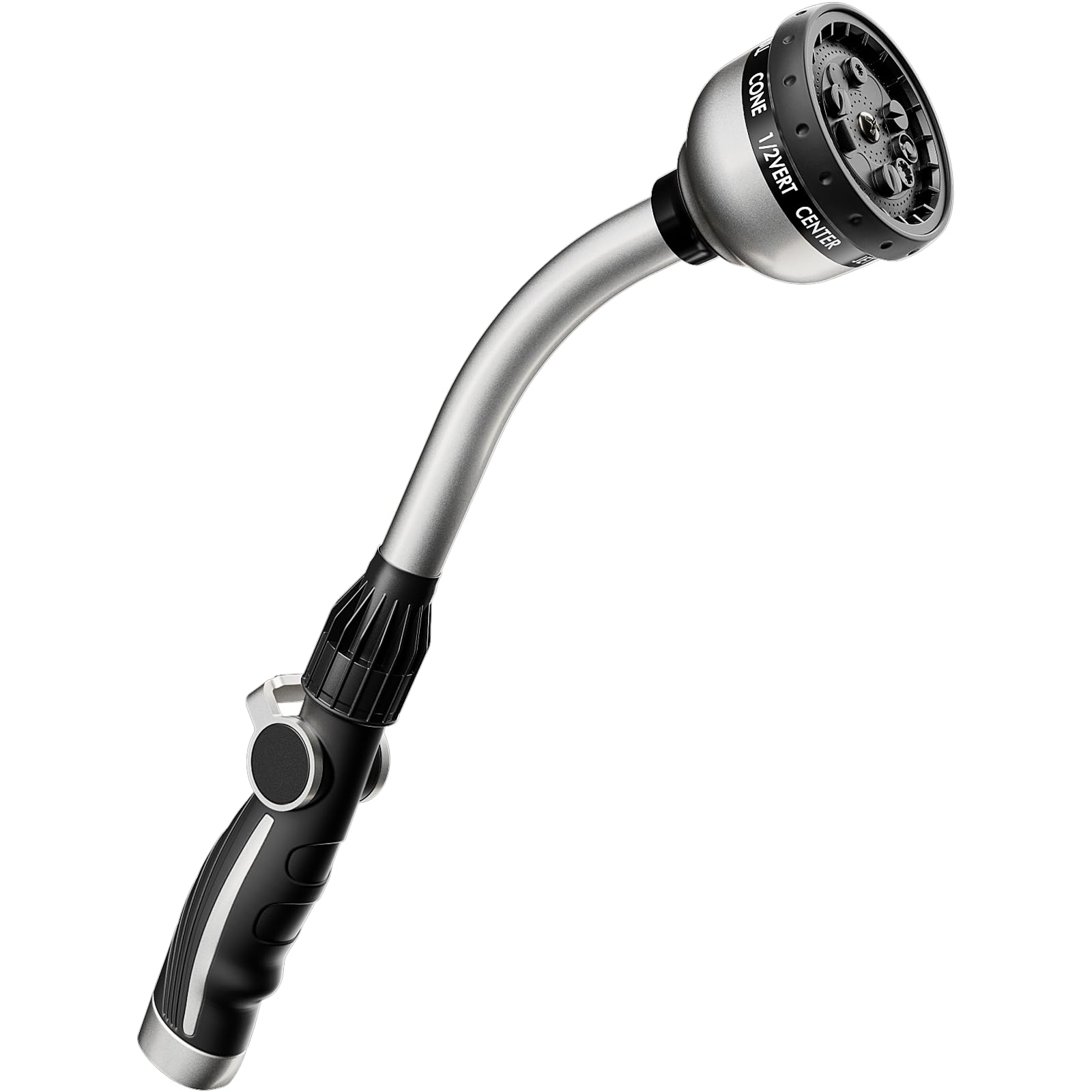 RESTMO Bacchetta per irrigazione resistente, in metallo, con controllo del flusso del pollice, ugello per tubo lungo 38 cm con 10 modalità di spruzzo, ideale per annaffiare cesti e arbusti, argento
